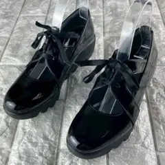 未使用 ヒルズアヴェニュー パンプス エナメル ウェッジソール 厚底 リボン 黒