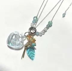 ガラスシャボンブルーハート&花束　ネックレス　スライダー式