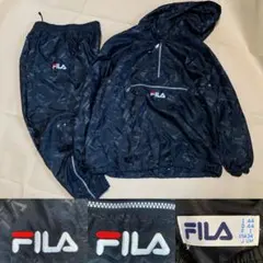 90s FILA セットアップ M 黒 総柄 上下 ジャケット パンツ パーカー