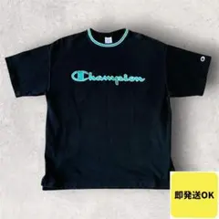 Champion チャンピオン ブラック グリーン 刺繍 ロゴ Tシャツ