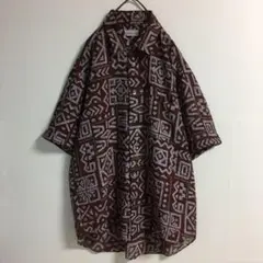 80s〜90s 古着 幾何学模様 トライバル柄 ポリシャツ 透け感 日本製
