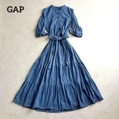 美シルエット✨GAP 半袖デニムワンピース ティアード ロング Aライン リボン