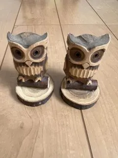 木製フクロウの置物 2体セット