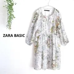 ザラベーシック　フラワープリント長袖ワンピース　サラッと生地　ウエストゴム　総柄