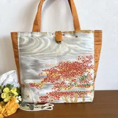 No.74 帯リメイクバック　紅葉刺繍トートバッグ オレンジ