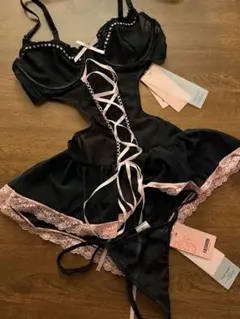 新品 メイド風 ランジェリードレス セット ブラック S-M