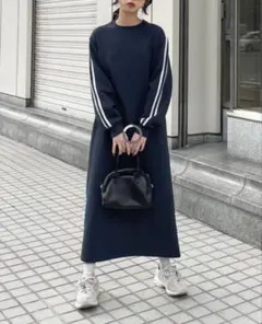 チルファー　袖ライン　ワンピース　スウェット　ジャージ　ネイビー　L