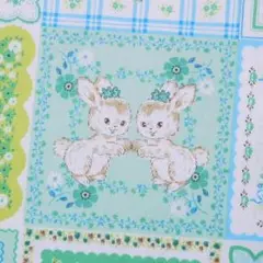 幅110×50cm●布 レトロアニマル うさぎ ねこ ひつじ 水色・グリーン系