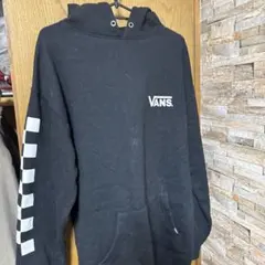 VANS チェッカーフラッグ柄 袖プリント パーカー 黒 M