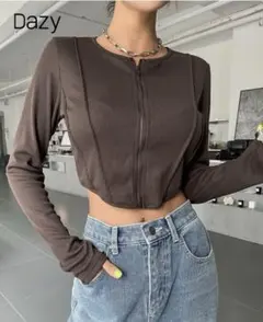 SHEIN クロップド トップス ブラウン トップステッチ