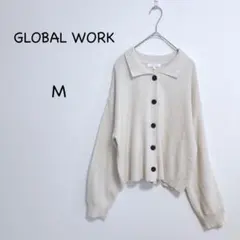 グローバルワーク ニットカーディガン M アイボリー 襟付き ワッフル調