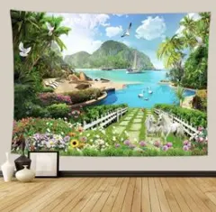 金具付タペストリー56 白馬　海　白鳥 カモメ 船 景色　リラックス