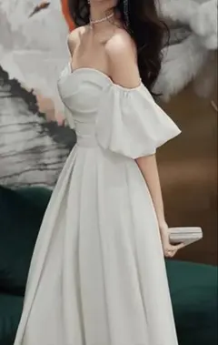 オフショルダー 白ワンピース Aライン ロング丈 L 上品 結婚式 二次会