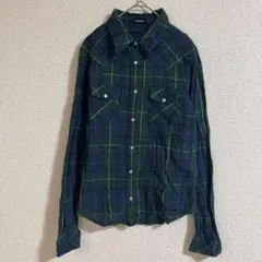 PRMUNO ウエスタンシャツ ネルシャツ チェック柄 緑 紺 M 綿100%
