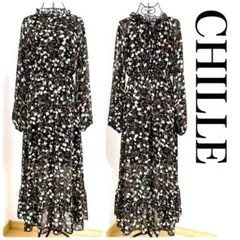 CHILLE フラワープリントフリルワンピース　F黒赤 春秋冬【ada005】