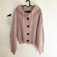 Heather ヘザー　フード付き クロップド　ニットカーディガン ケーブル編み