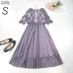 【現行】　GIRL　刺繍レース切替え5分袖 プリーツ パーティードレス　ピンク