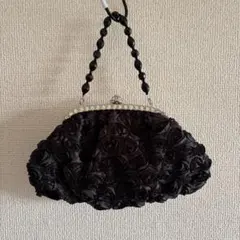 黒 サテン 薔薇模様　パーティーバッグ
