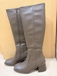 ブラウンロングブーツ 合成皮革 太ヒール