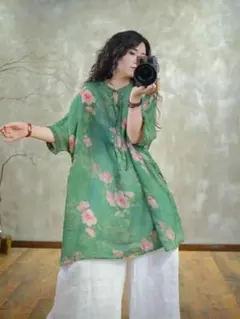 大きいサイズ レディース プリント 中袖 ブラウス 薄手 レトロ＆ゆったり