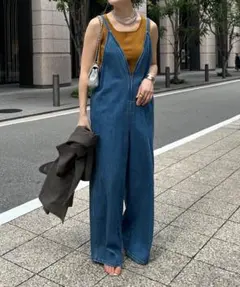 DouDou細紐デニムフロントジップサロペット　ブルー　PSサイズ