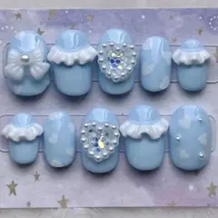 ネイルチップ　水色　フリル　推し活　在庫処分　現品　量産型　平成　サブカル