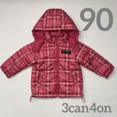 3can4on 中綿ジャンパー サイズ90 濃ピンク チェック柄 フード付き