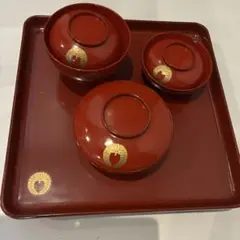 赤い漆器の食器セット（お食い初め用品）