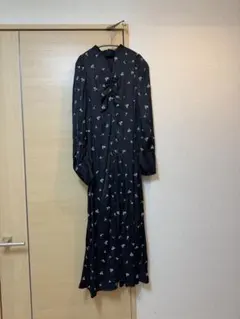 Moussy 花柄刺繍 ロングワンピース ブラック