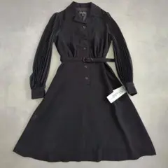 ロングワンピース【L】プリーツ袖 ベルト付 黒 裏地キュプラ タグ付