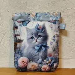 セール♪メルヘン猫ちゃんパネルのふんわりバネポーチ(水色)