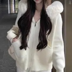 SHEIN フード付き ニットパーカー ファー ホワイト Mサイズ