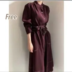 ロングワンピース シャツワンピース 長袖 ボルドー　エレガント　ウエストベルト