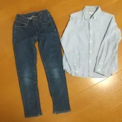 ユニクロ140 長袖シャツとジーパン ブルー系 男児