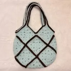 ハンドメイド　グラニースクエア　ミニトートバッグ　ミント　ブラウン　編み物　毛糸