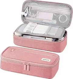 ペンケース 収納ポーチ 大容量 シンプル 多機能 旅行 出張 ピンク 筆箱横開き