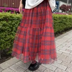 kutir 赤チェックチュールロングスカート