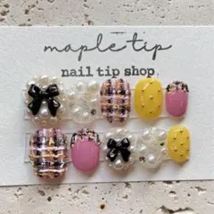 現品　秋冬ピンクツイード　リボンネイルチップ