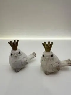 王冠付きホワイトの小鳥置物2個セット