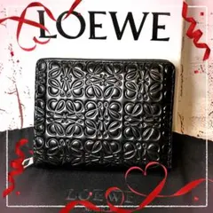 【美品】ロエベ 二つ折り財布 リピートアナグラム コンパクト レザー／黒Aのサムネイル