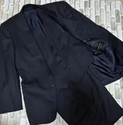 【高級/日本製】MAGKAISERスーツ3点セットウール100% 紺色ストライプ