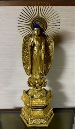 阿弥陀如来 木彫り仏像 純金箔押 立像 仏教美術 縁起物 時代物 高40cm 