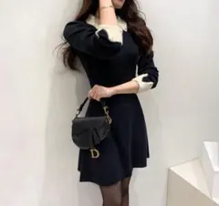 DHOLIC バイカラー 襟付 フレアミニワンピース