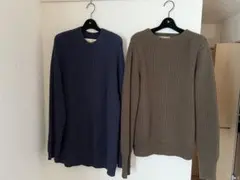 ナノユニバースリブ編みセーター2点セット ネイビー・カーキ　コットン厚手ニット