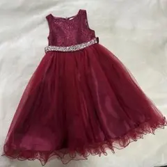 美品✨子供用ドレス130ワインレッドビジュー付きチュールボリューム結婚式発表会