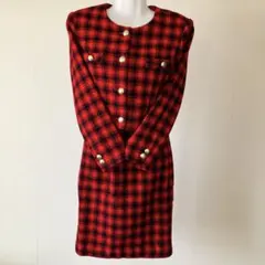 チェックスーツ上下　ゴールドボタン　ジャケット&スカート　レッド✖️ブラック
