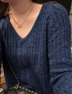 ネイビー Vネックリブ編みカーディガン