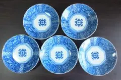 和食器 瀬戸焼 中島製 染付印判手草花文皿 五客 明治期 時代箱 V R9711