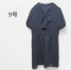 ◇ドットシフォンワンピース リボン ボウタイ 半袖 ネイビーM レトロ ガーリー