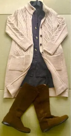 ワンピ＋ロングカーデ2点セット　L　もこカワ　韓国　オーバーサイズ　くすみカラー